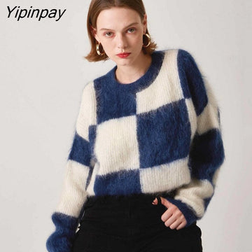 Yipinpay Winter Vintage Mohair Plaid Women Sweater Chic Long Sleeve O Neck Loose Ladies Pullover Fashion Warm Female Clothing Tops
